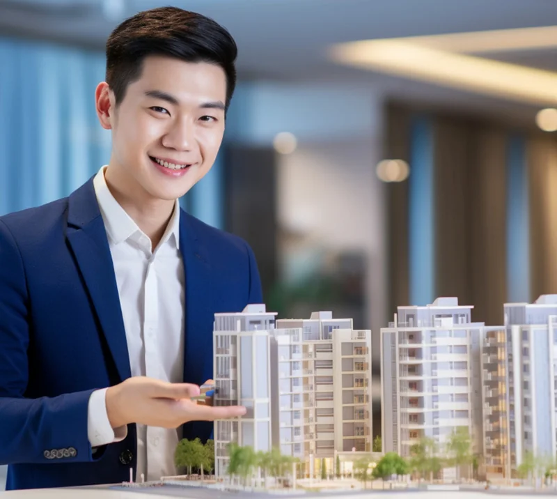 Property adviser reviewing model buildings