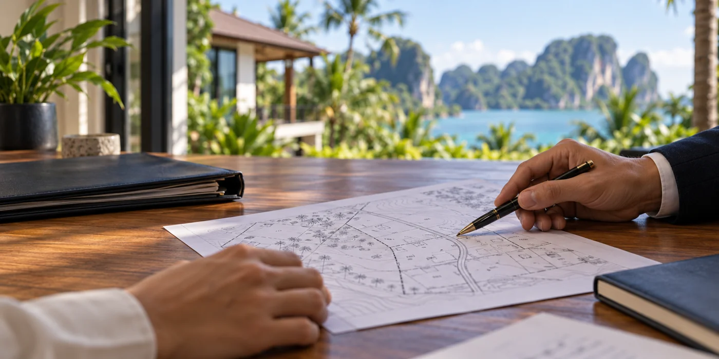 Hands reviewing a property plan at a desk, with a tropical home and Krabi landscape beyond
